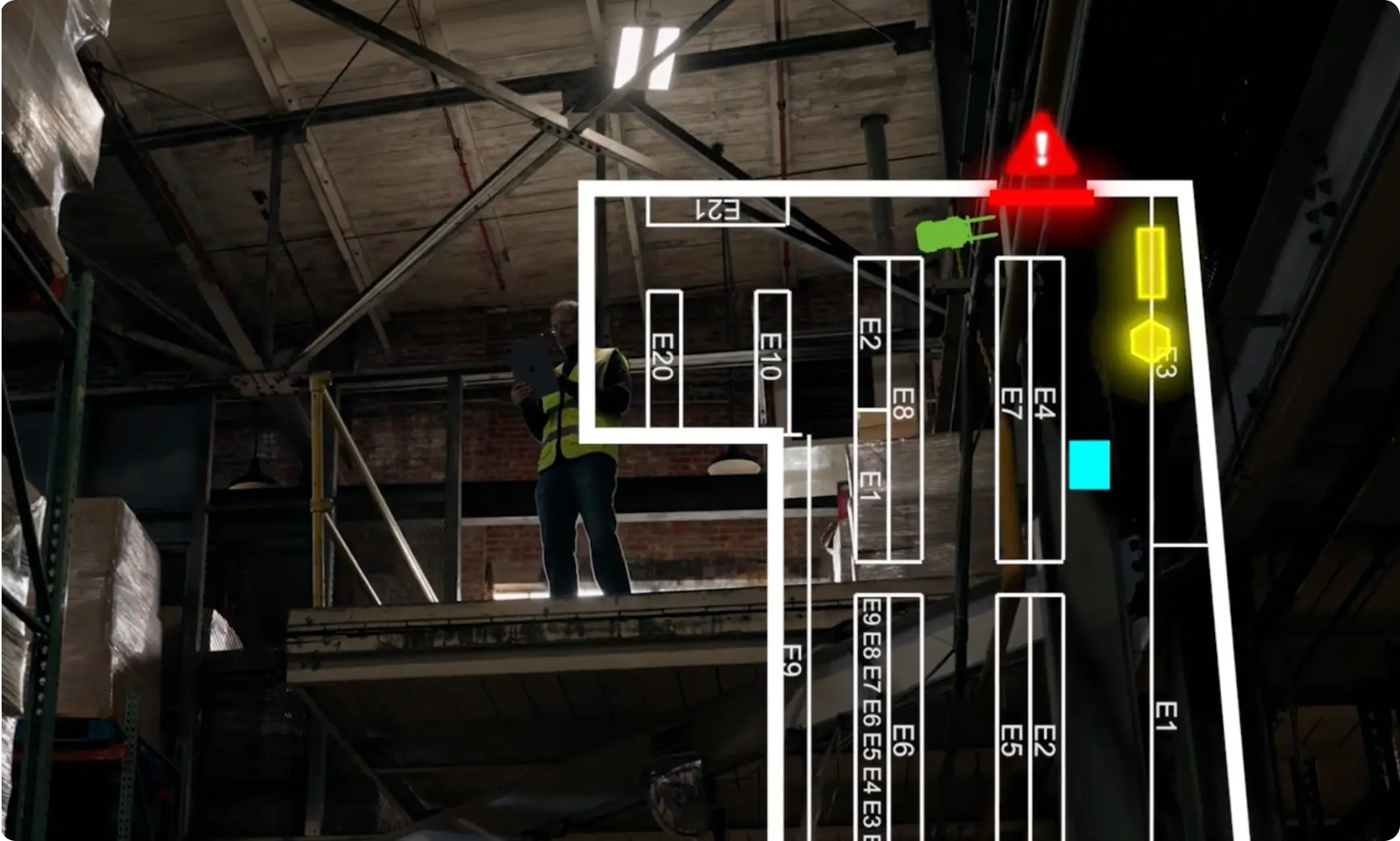 Warehouse worker beside a live zone map overlay with an exception alert from Claryo's AI agents