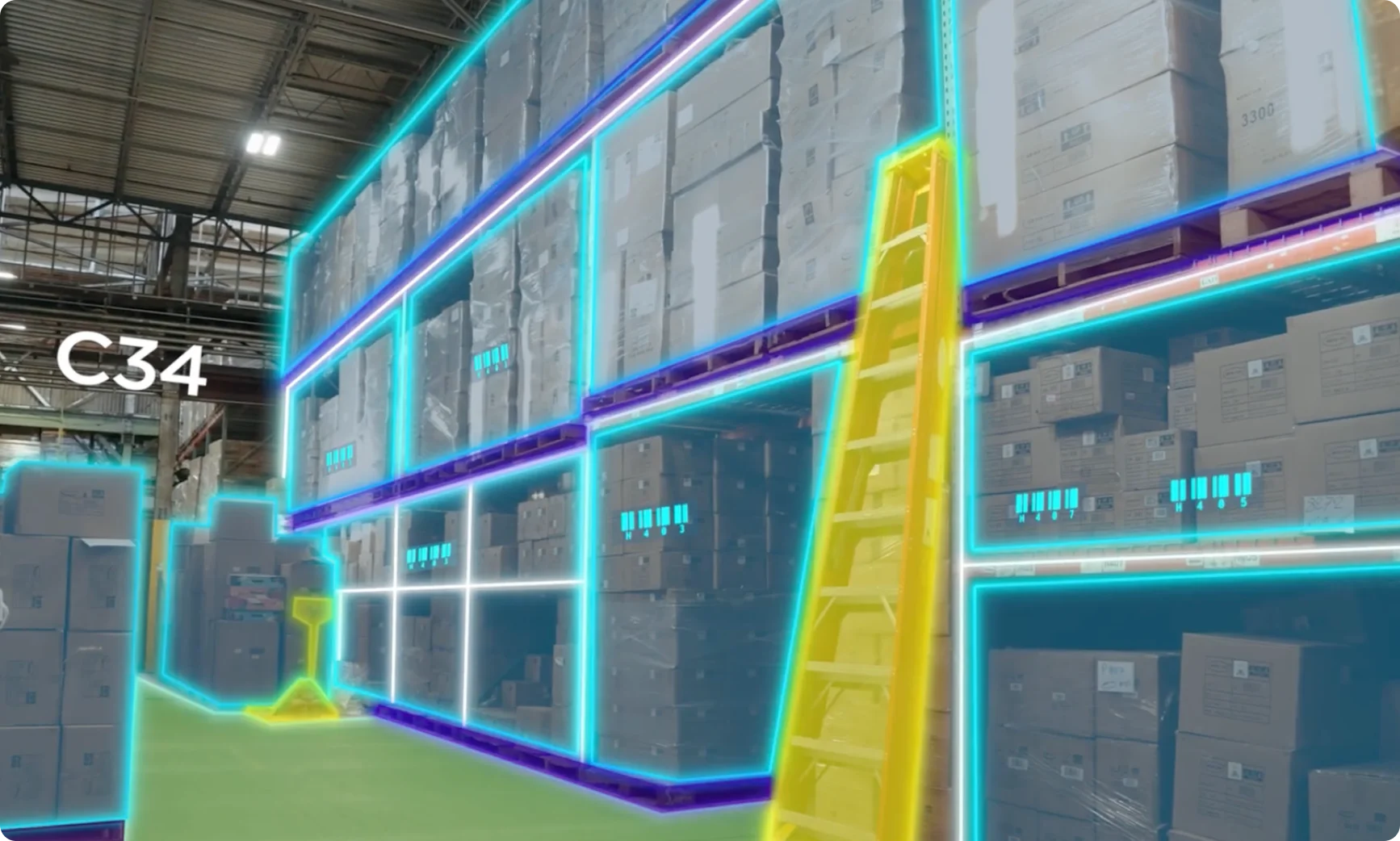 Warehouse racking with Claryo's World Model overlay outlining pallets and a ladder in aisle C34