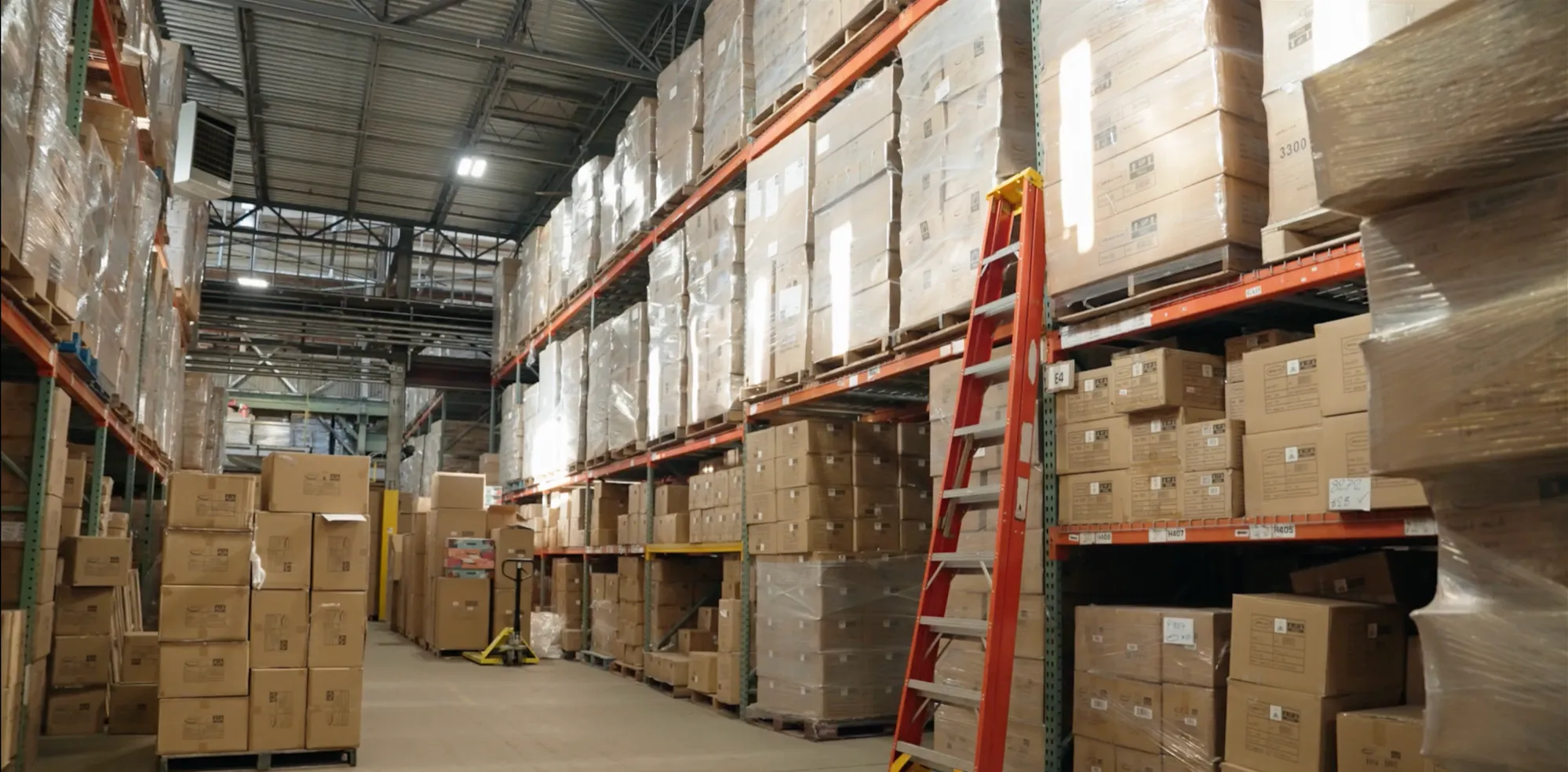 Simulated warehouse aisle with stacked pallets and a ladder, rendered by Claryo's World Model
