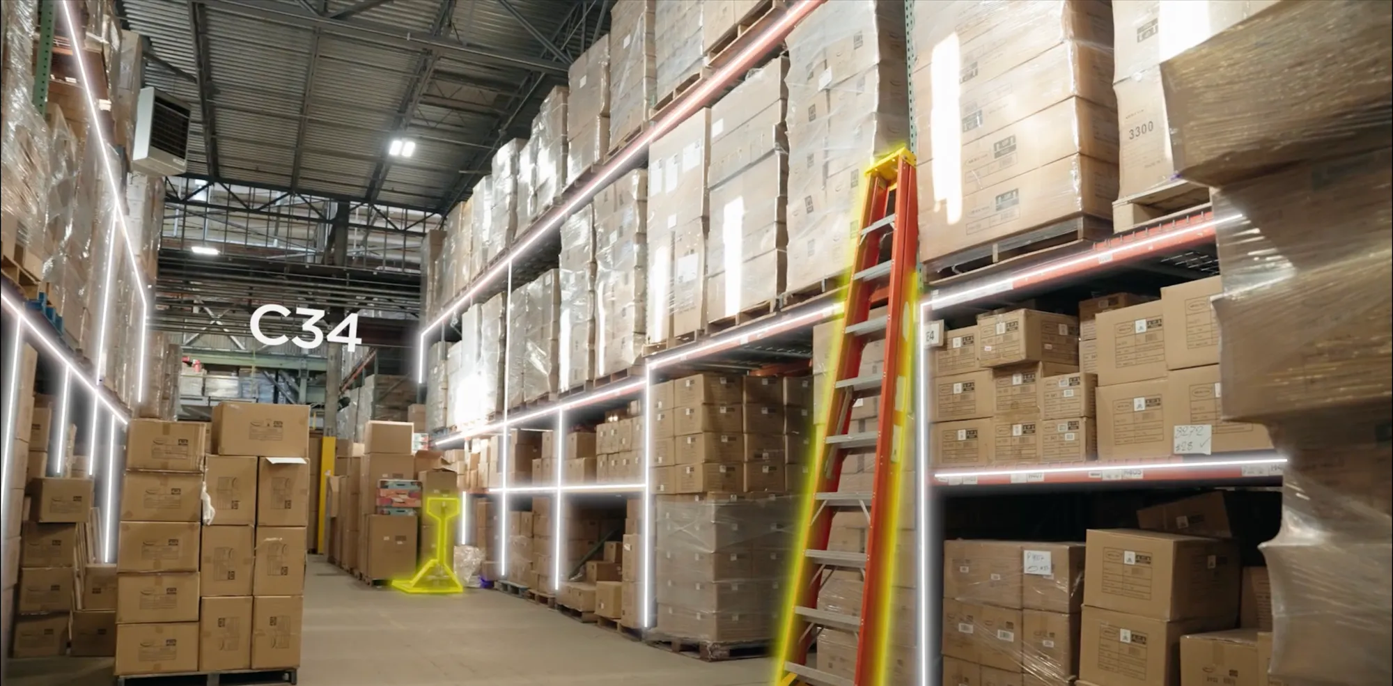 Simulated warehouse aisle with stacked pallets and a ladder, rendered by Claryo's World Model